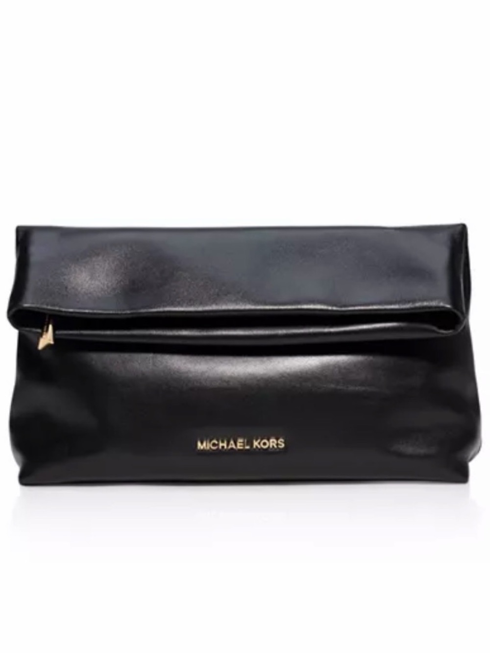 Michael Kors Black Leather Daria Fold-Over Clutch with Gold Logo